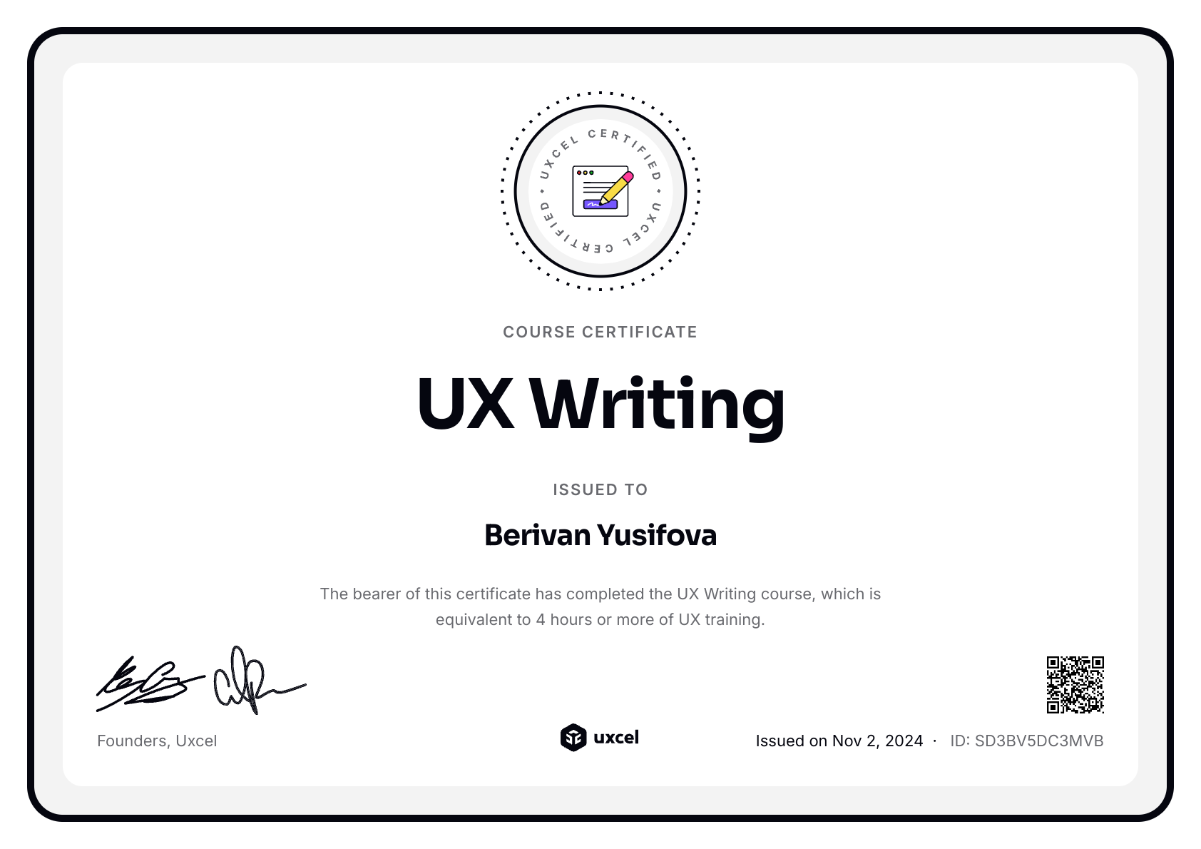 Berivan Yusifova's certificate
